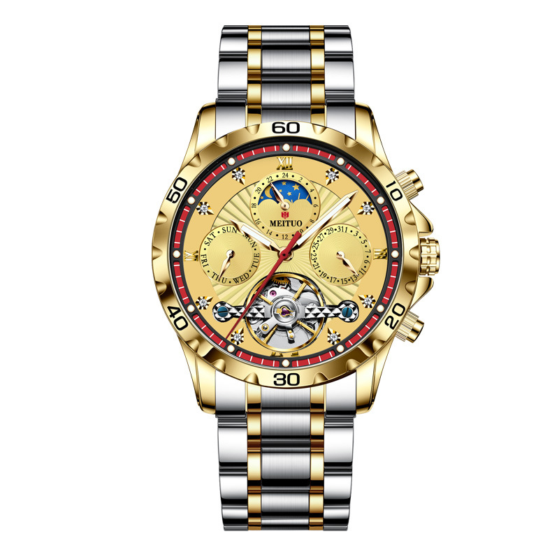 Đồng hồ cơ nam automatic lộ máy, mặt kính trong suốt hai mặt rỗng, dây thép vàng — 8920 vàng mặt Đỏ vành đai thép vàng