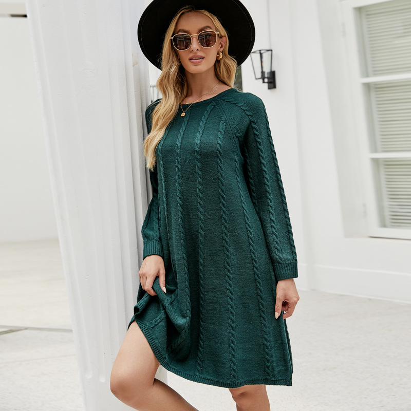 Comercio exterior transfronterizo popular Otoño e Invierno moda color sólido de suéter vestido largo cuello redondo torcido Vestido de punto de una línea