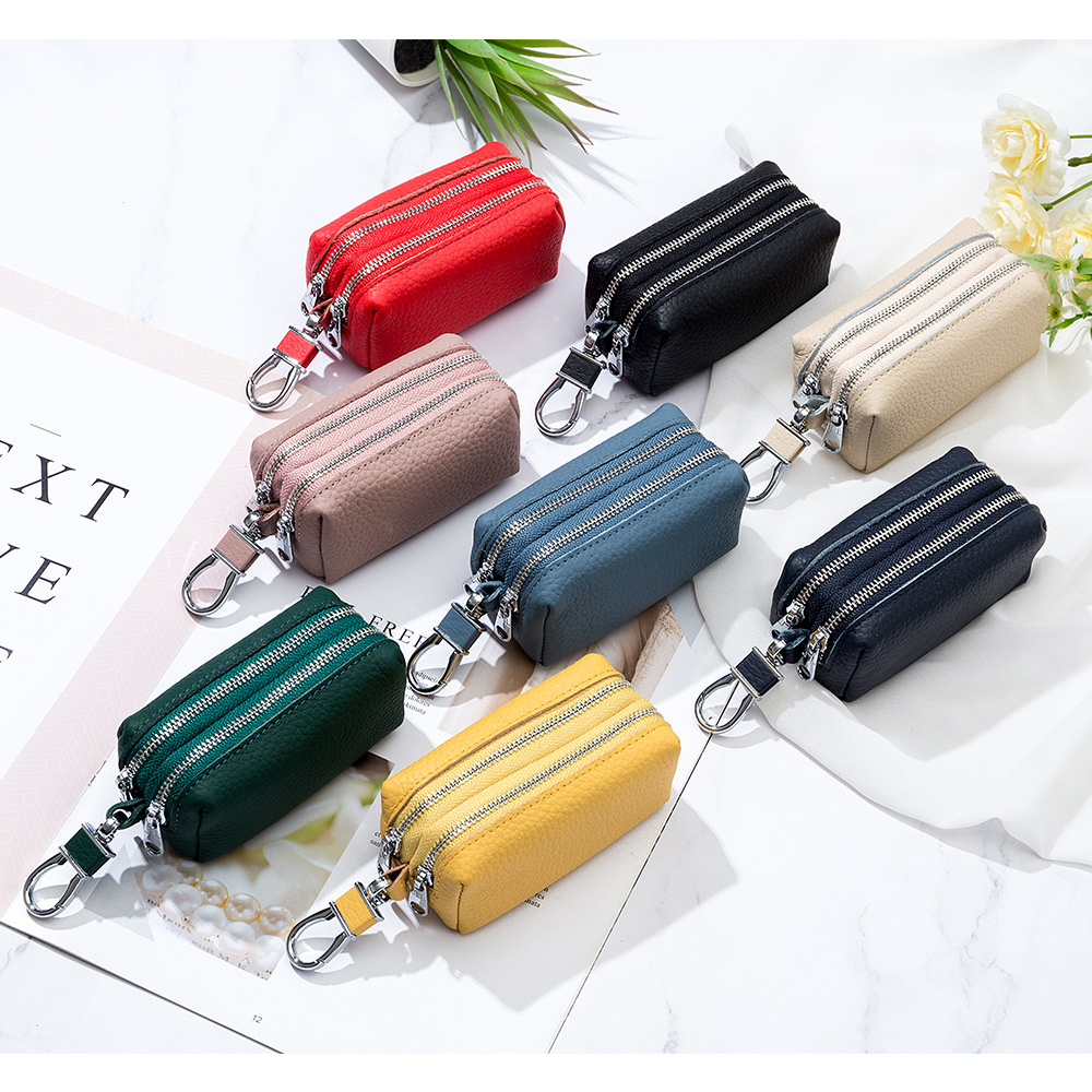 Genuine Leather Large-Capacity Key Bag, Double-Layer Zipper Storage Bag, Simple Multi-Functional Card Holder, Coin Purse, Key Bag for Home Use