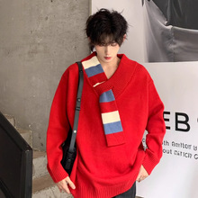 小众原创设计围巾领毛衣男宽松V领针织衫套头红色上衣ins潮情侣衫