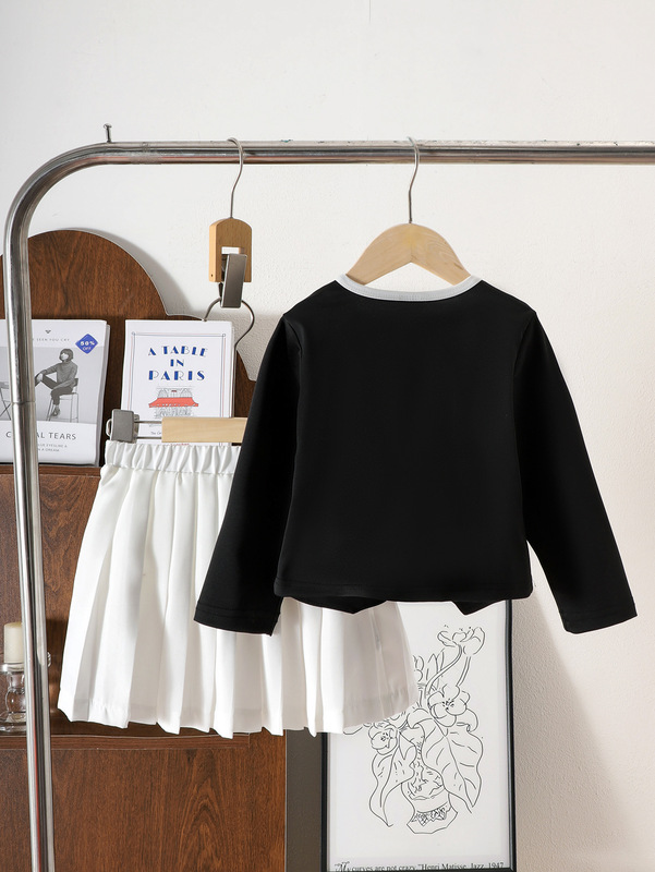 Kids clothing 跨境外贸秋冬新款小童花朵黑色长袖上衣+白色短裙|undefined