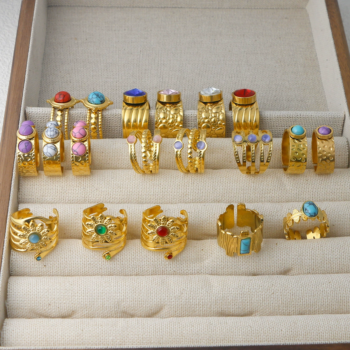 Европейское и американское ретро из нержавеющей стали кольцо из драгоценных камней женское геометрическое преувеличение 18-каратного золотого бирюзового натурального камня