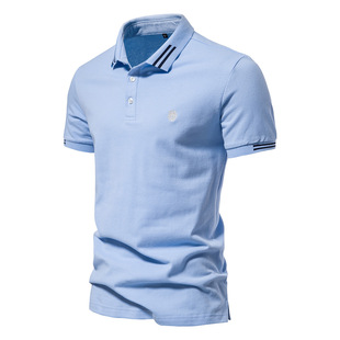 2024 Summer New Lapel European Size Striped Decorative Cotton POLO Shirt Embroidered Casual Men's Solid Color Short Sleeve Top