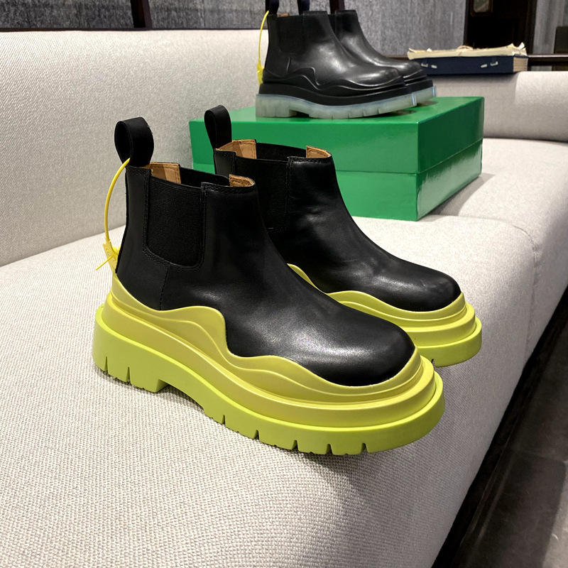 Nb&Bv Chelsea Boots Genuine Leather Chimney Boots for Men and Women British Sleeve Boots Thick-Soled Avocado Green Short Boots