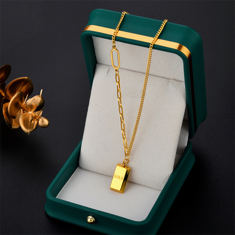 [titanium Steel]  New Trendy And Fashionable Summer Small Gold Brick Short Collar Chain Necklace Titanium Steel Mesh_voghion.com