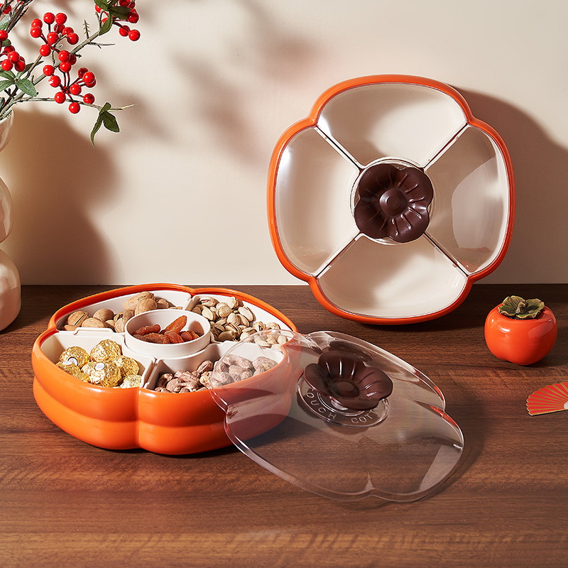 糖果盒新年坚果零食盘中式柿柿如意分格果盒带盖坚果盒糖果收纳盒