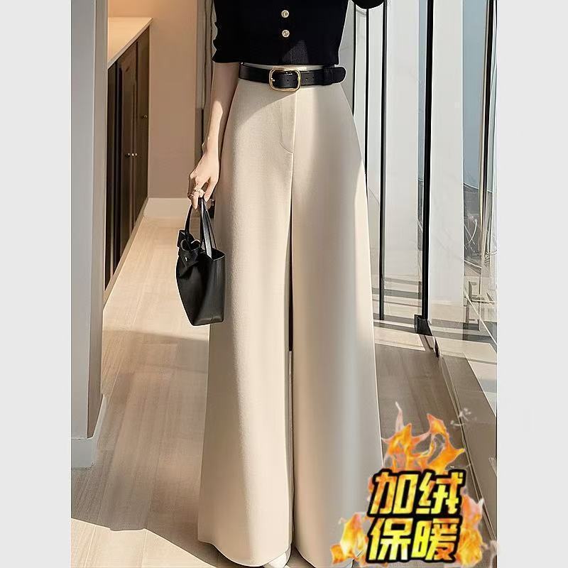 高腰显瘦米色窄版阔腿裤女2025冬季宽松慵懒松弛感休闲直筒长裤子|undefined