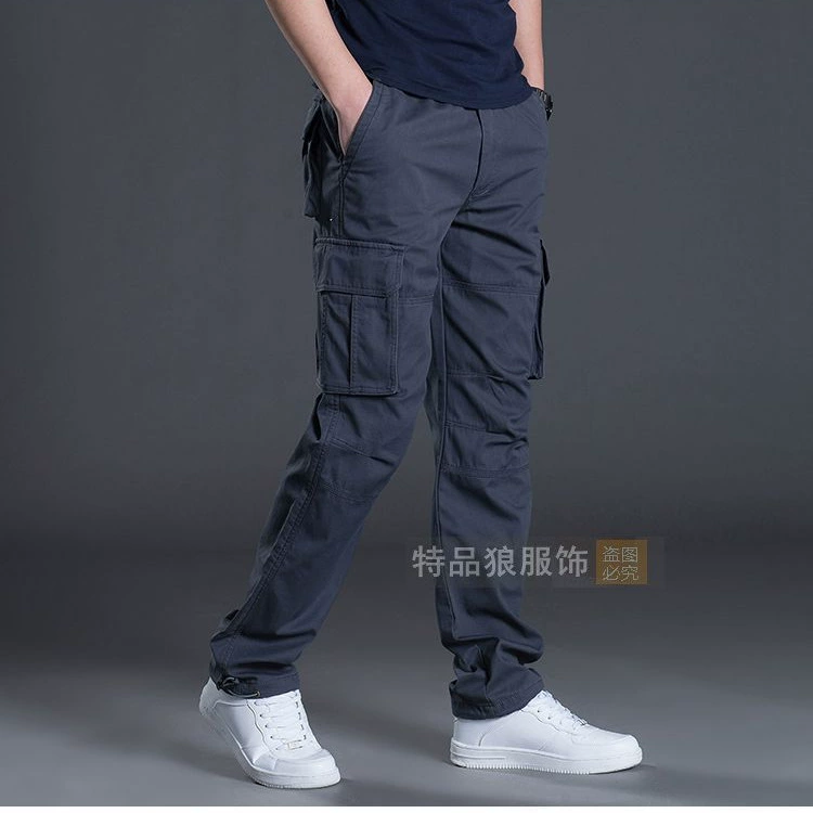 Мужские весенне-осенние уличные повседневные брюки Мужские брюки Хлопковые прямые рабочие брюки среднего возраста с несколькими карманами Мужские брюки Прямые продажи