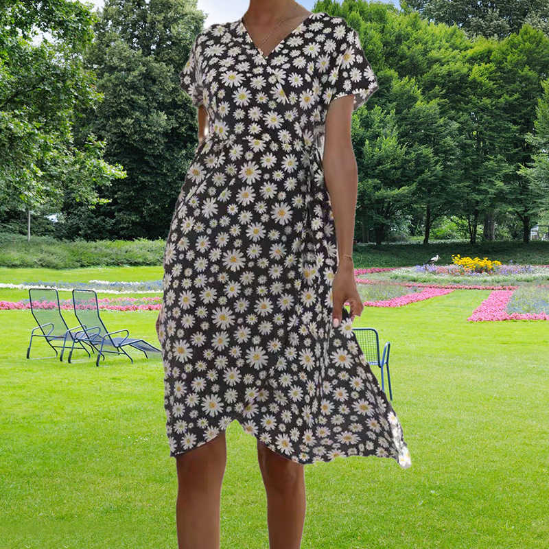 Women Stylish Long Dress Waist‑Cinch Design With All‑Over Print, Tie‑Waist & High Slit_ecoleips.com