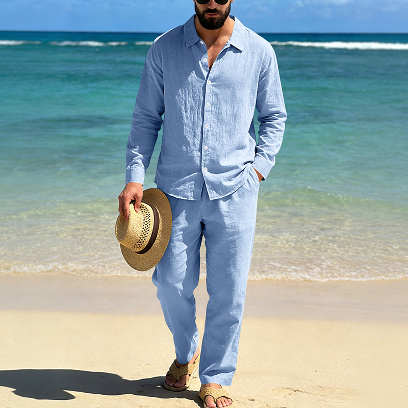Camicia da uomo in lino a maniche lunghe, casual, primavera/autunno, da pendolare, con colletto, stile americano, pantaloni a gamba dritta, completo da spiaggia_voghion.com