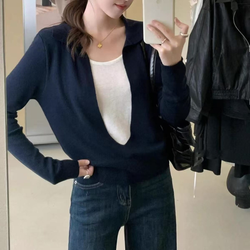 设计感撞色拼接长袖针织衫女秋冬新款时尚洋气减龄假两件别致上衣|undefined