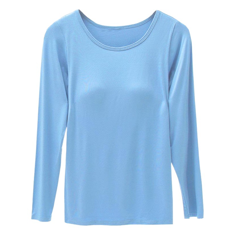New Style Long-Sleeve Sleepwear with Built-In Bra and Chest Pads, Round Neck Autumn Top, Yoga Base Layer, Home Wear Top