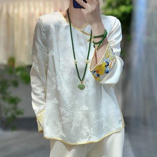 Chinese style patchwork Chinese style jacquard top women's loose slimming long sleeve National style shirt for winter 2023