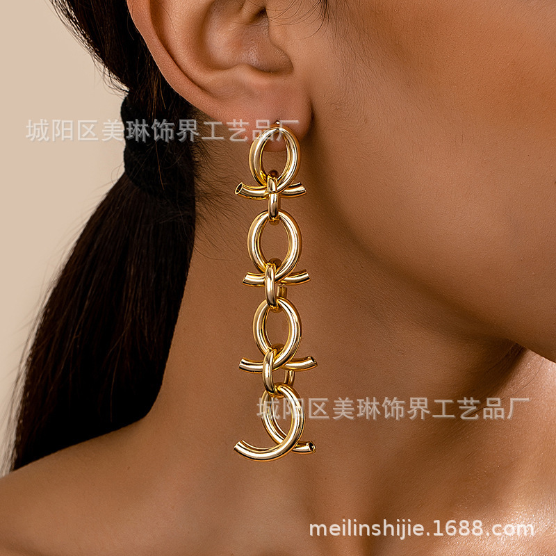A Pair of Retro Geometric Long Earrings with Cross Button Design for Women