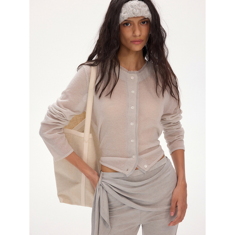 DT ETOLIE Simple Alpaca Blend Sheer Round Neck Knit Cardigan Top for Women, Autumn Long Sleeve Coat M8365