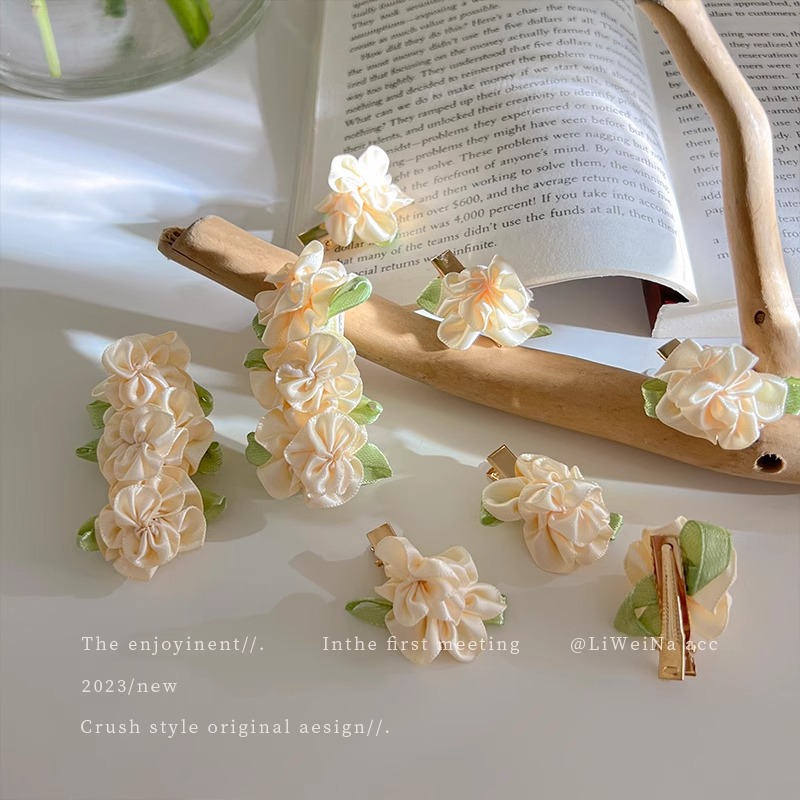 Súper hada mori camelia flor horquilla hembra verano frente lado bangs clip duckbill clip horquilla tocado estilo antiguo