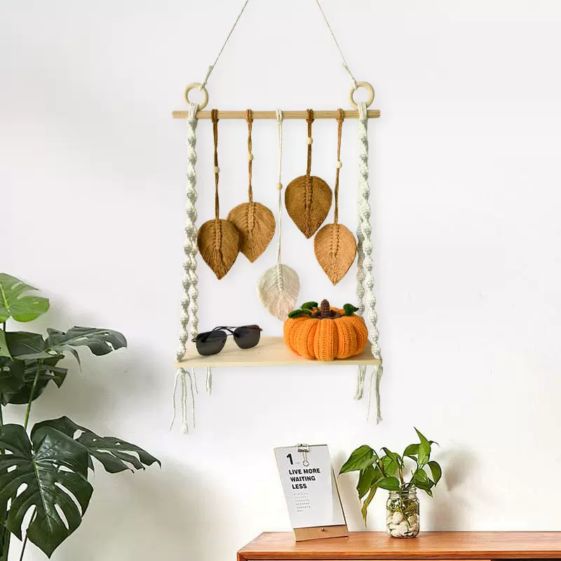 挂毯置物架 棉绳编织树叶流苏置物架装饰壁挂小清新玄关收纳挂饰