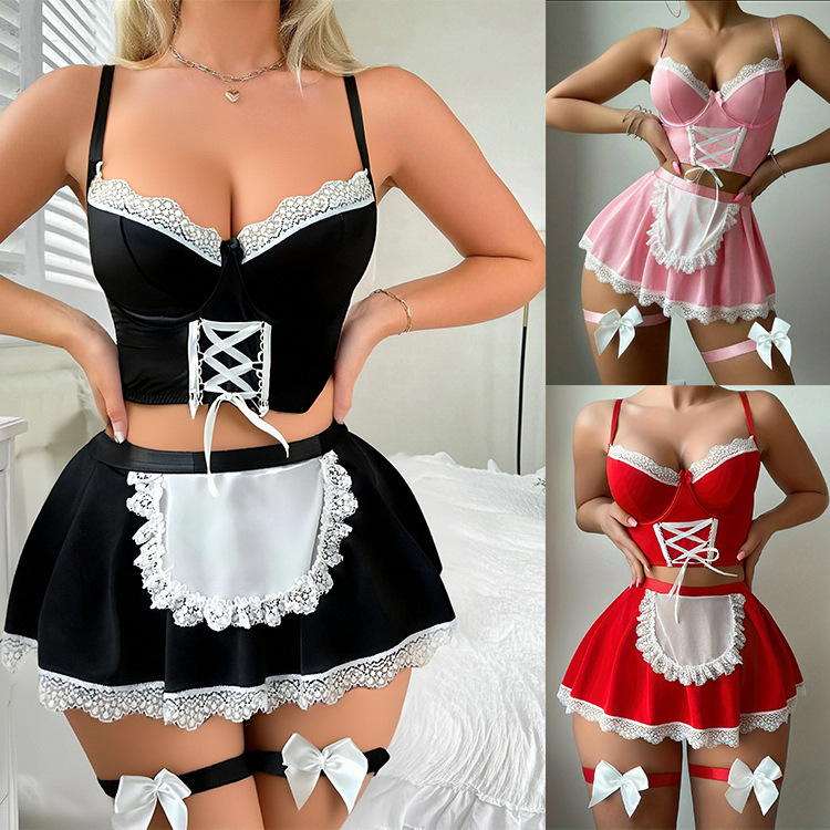 Cross-Border Factory Direct Sales Winter New Nightclub Maid Sexy Pocket Lingerie Uniform Temptation Set for Women Wholesale