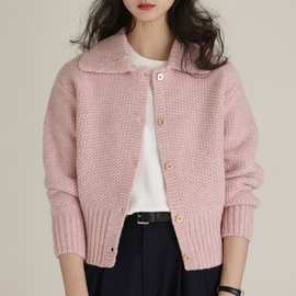 厚实感粗针菠萝纹粉色羊毛针织开衫外套女毛衣