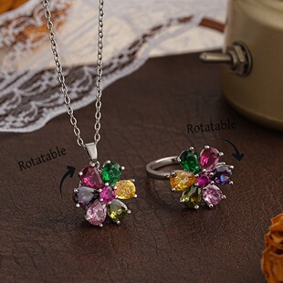 European and American cross-border new products copper plated platinum 360 rotating ring and necklace for women colored zircon flowers opening finger ring