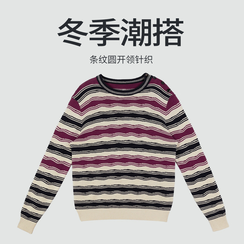Bv Striped Linen Open-Shoulder Crew Neck Knitwear Versatile Fashionable Casual Loose Knitwear