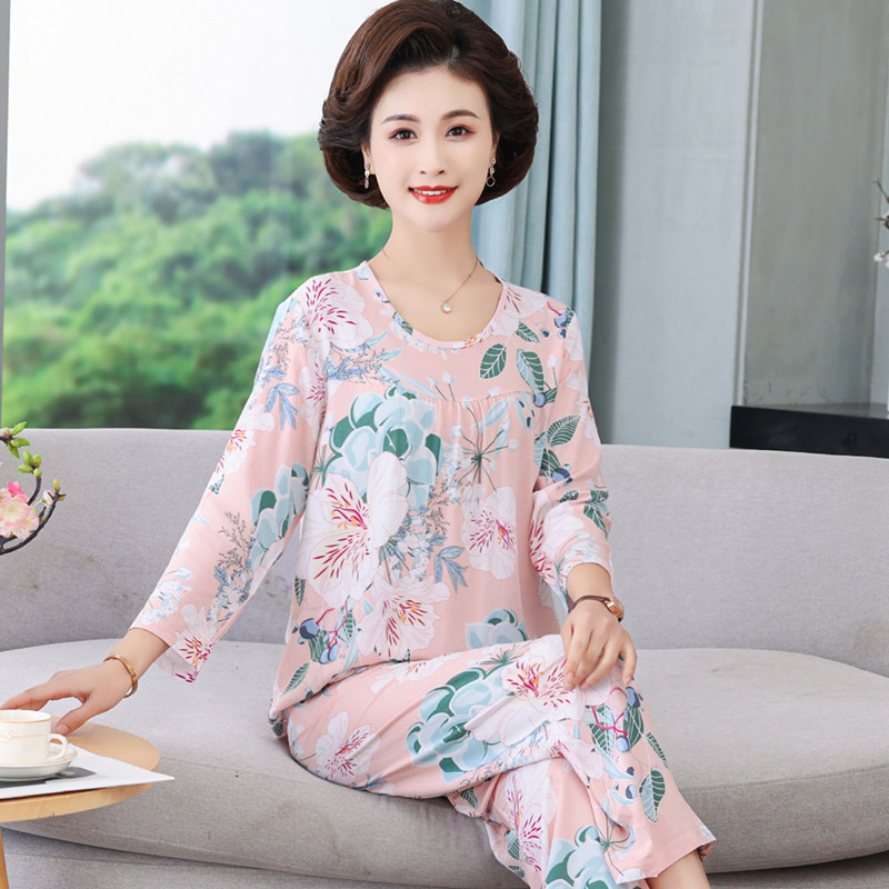 Pajamas for Women 2026 New Spring and Autumn Women's Long-Sleeved Cotton Silk Home Clothes Mom Set Loose Large Size Summer