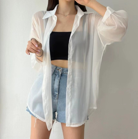 Cross-border salt is the same as the new fashion all-match jacket pearlescent yarn sunscreen clothing lantern sleeve shirt high-grade mid-length