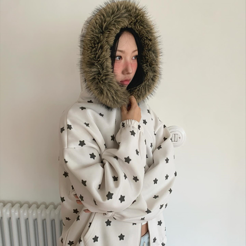 Korean Ins Winter Fleece-Lined Cute Star Print Zip-Up Jacket with Faux Raccoon Fur Collar Sweatshirt