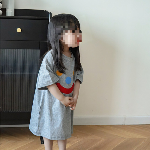 Korean version cute short-sleeve T-shirt dress for babies 24 summer children personalized split skirt dress 0075A025
