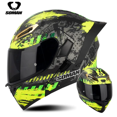 Motosiklet kaskı (dəbilqə): motorcycle full helmet double lens - black-fluorescent-yellow-spark-with-tea-slices-s