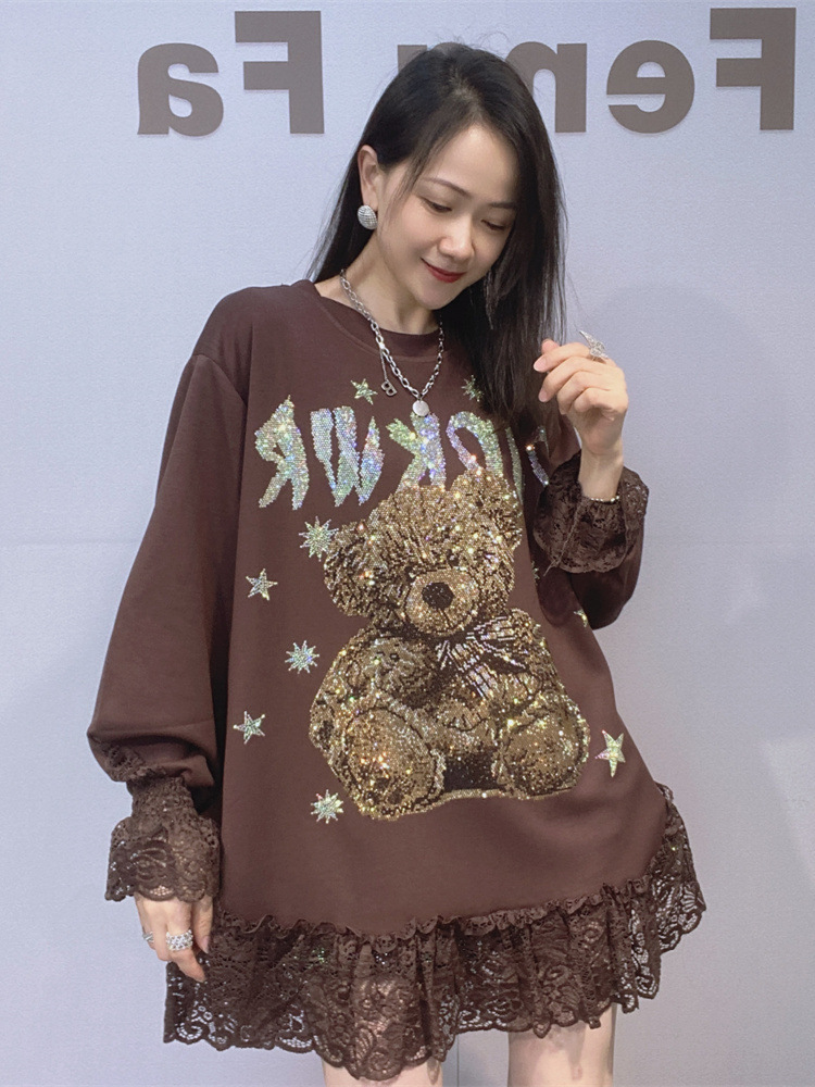 Gran tamaño de ropa de mujer europea y americana suelta alta sensación de manga larga camiseta de invierno y otoño de encaje empalmado de diamante cuello redondo image 4