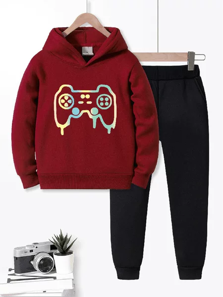 2024 new boys and girls hooded sweater game machine colorful printing trend fashion sweater pants suit