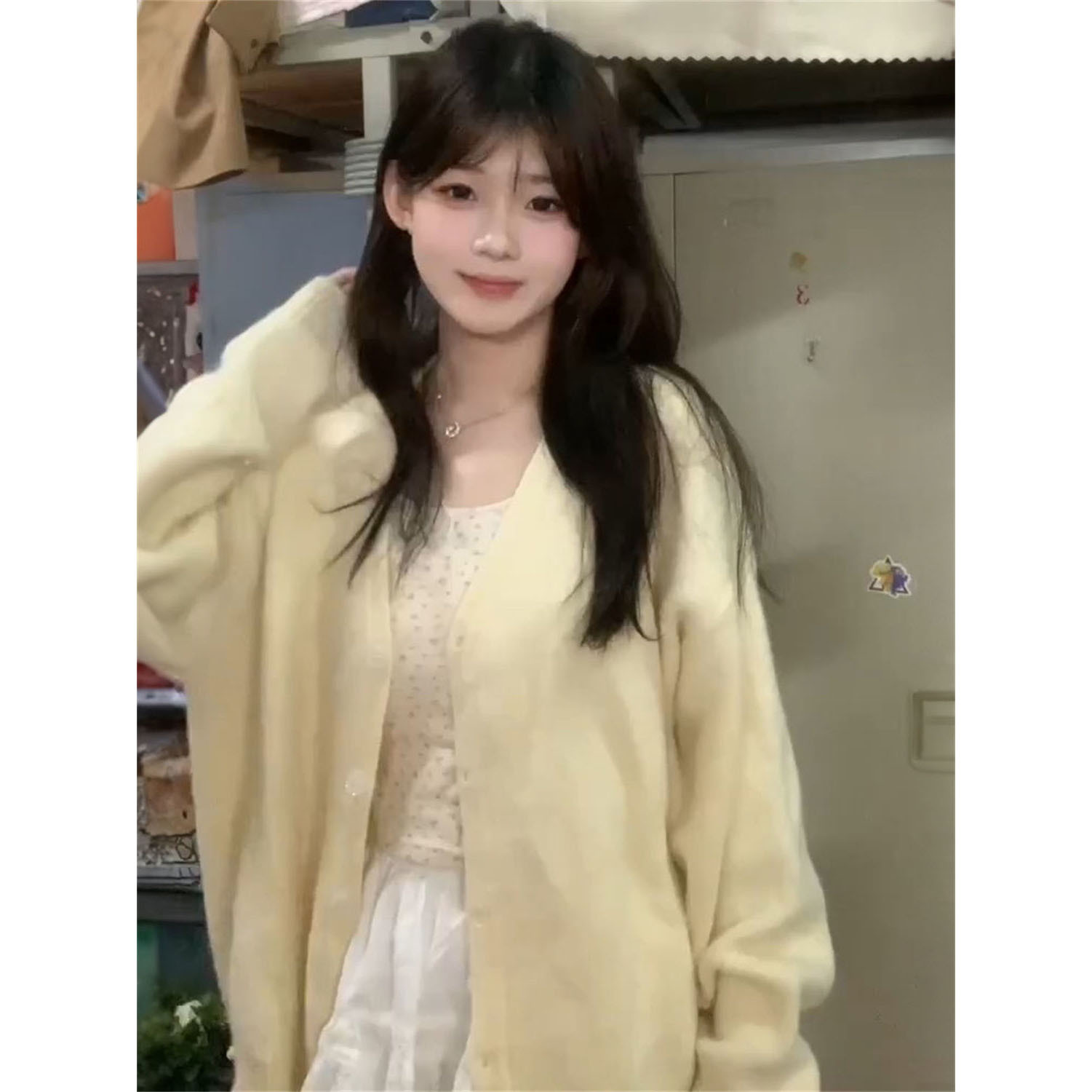 韩系甜美毛茸茸奶黄色毛衣开衫外套女秋冬新款软糯针织衫柔软清新