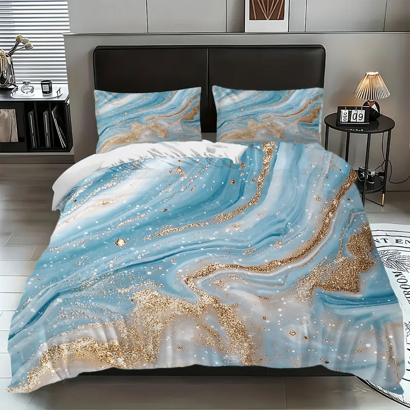 TEMU / JIT polvo oro mármol textura suave molienda impresión digital kit de colcha se puede ajustar