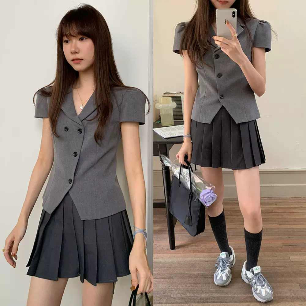 实拍春夏复古法式优雅 格雷系精品西装领短袖西装小外套上衣女装