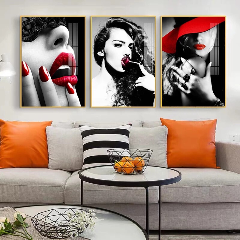 Modern Fashion Women Red Lip Nail Art Wall Art Sexy Ladies Masked Canvas Painting Nordic Home Decoration Painting Core