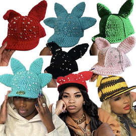 跨境欧美新品纯手工钩织平沿嘻哈帽兔耳朵帽个性休闲街舞棒球帽子