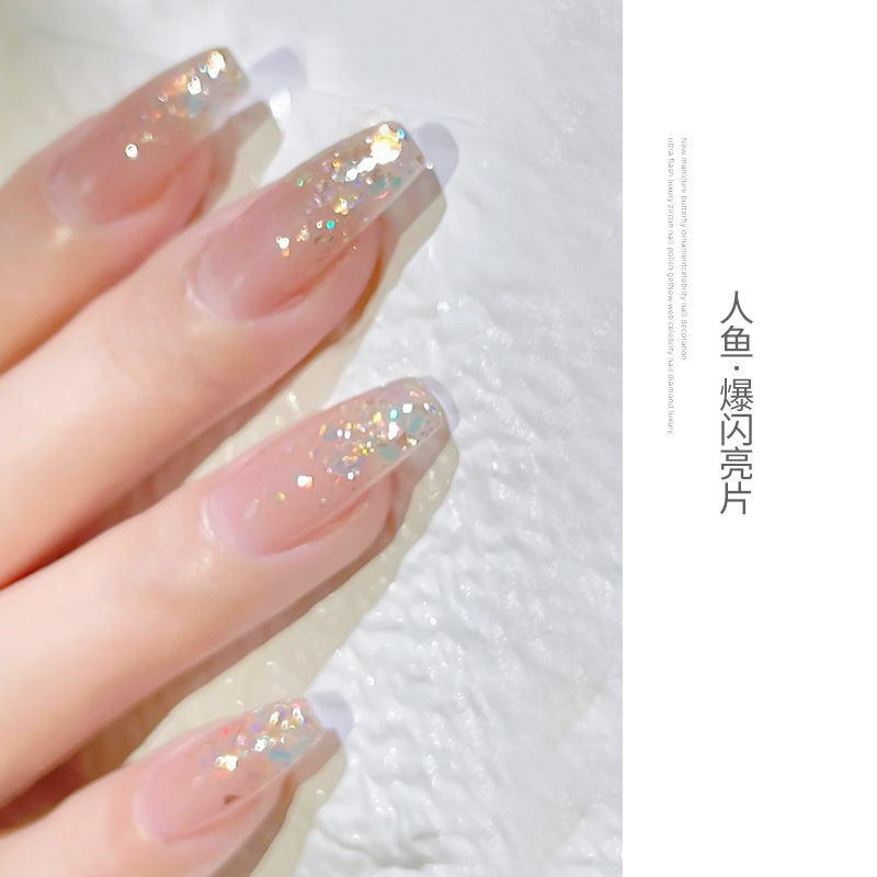 Internet celebridad nuevo clavo ultra-delgada flor de cerezo verde mariposa láser lentejuelas brillo gradiente mezclado joyería de uñas