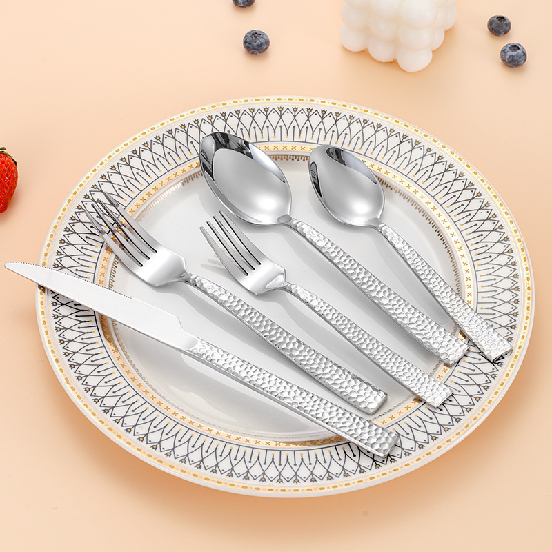 Cross-Border Hotel Home Thickeneded 430 Stainless Steel Water Cube Diamond Knife, Fork and Spoon 5-Piece Western Tableware Set