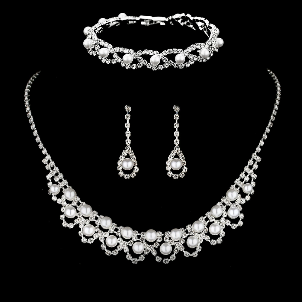 Серебряные украшения, серьги из жемчуга, ожерелье и браслет, роскошный комплект для невесты, европейский стиль, 3 предмета