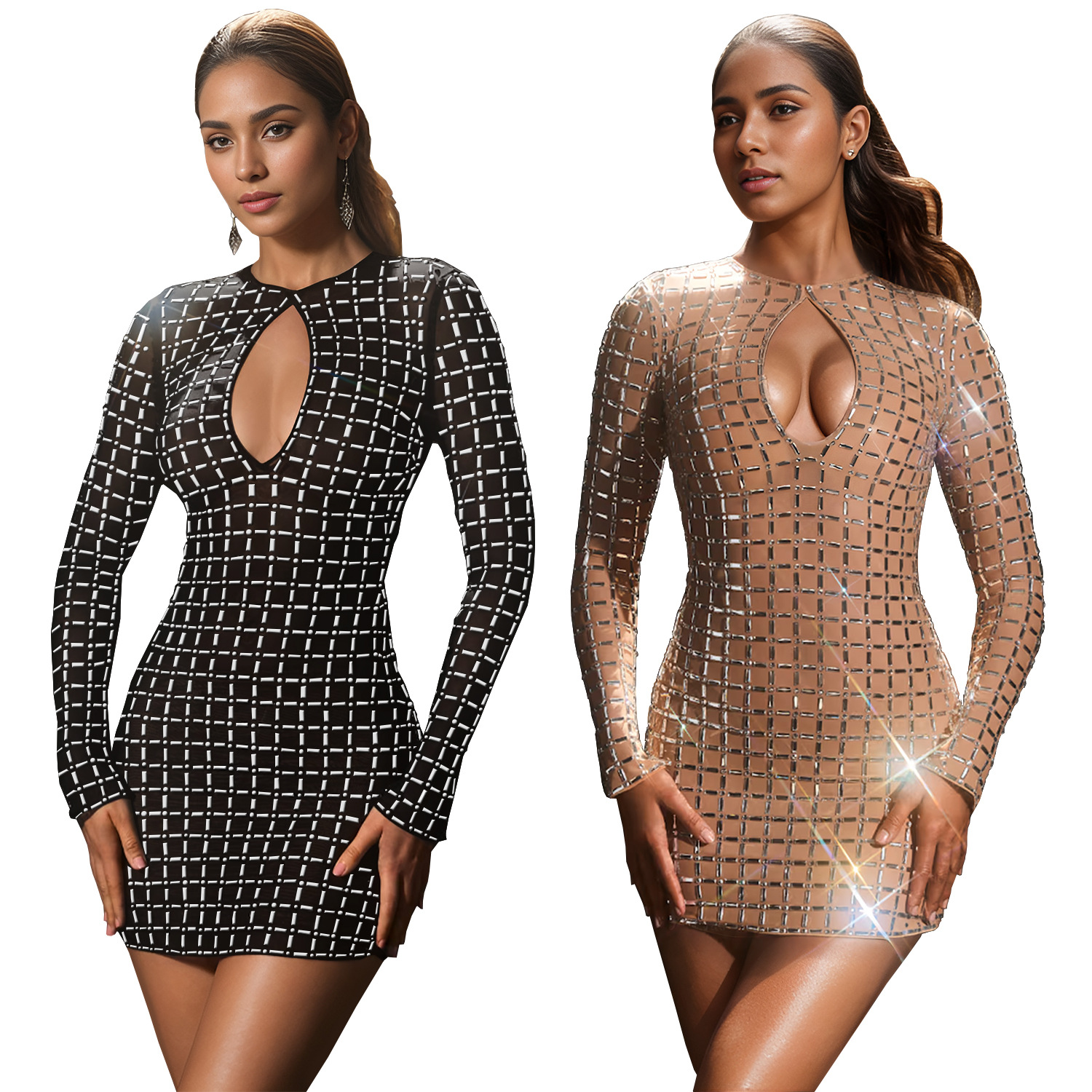 C7230 Aliexpress transfronterizo Amazon Europa y América moda de mujer sexy de espalda corta de diamante vestido de manga larga image 6