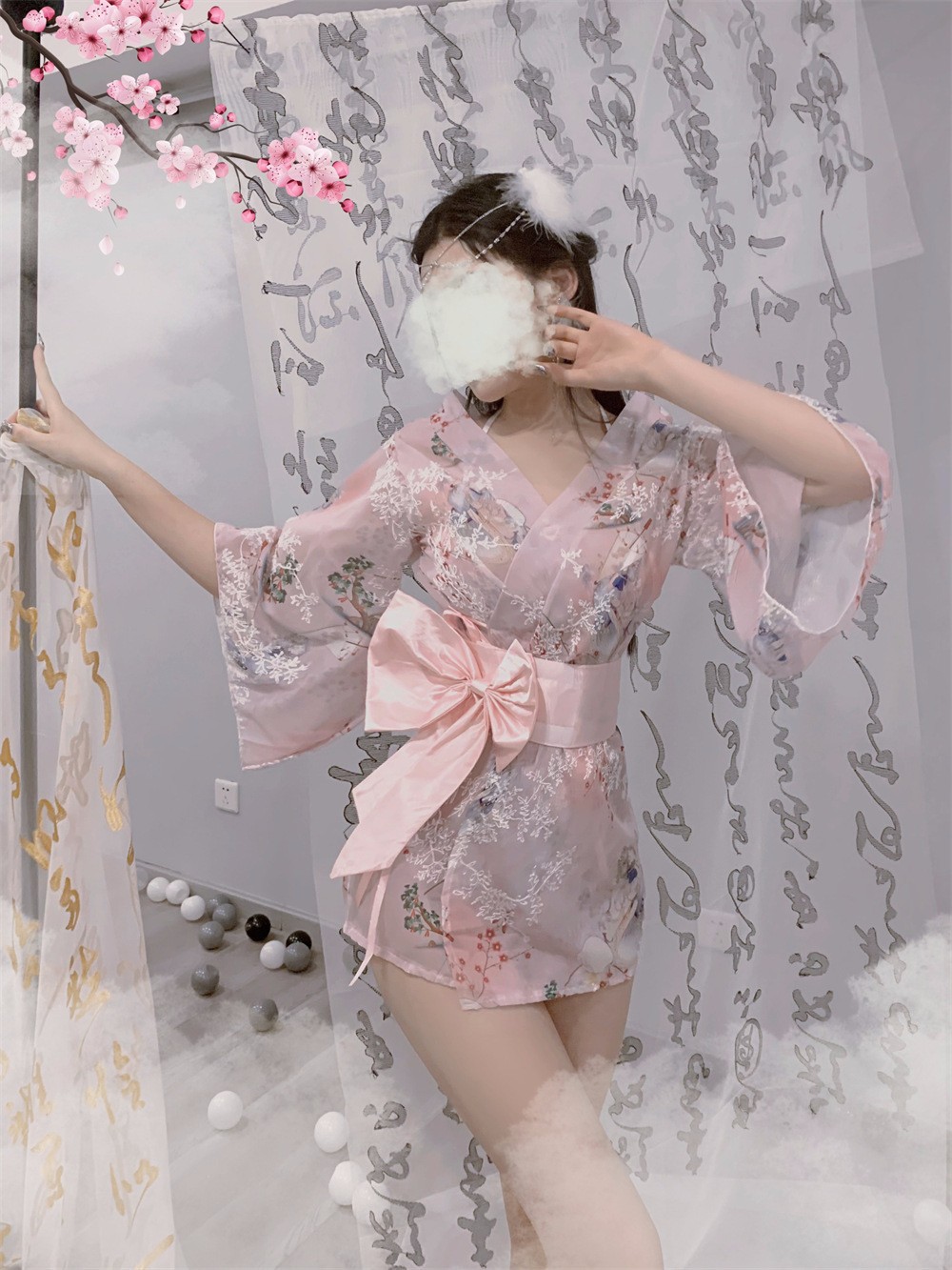 Women’s Chiffon Kimono Robe Set with Bow and White Stockings, One Size — detail image 18