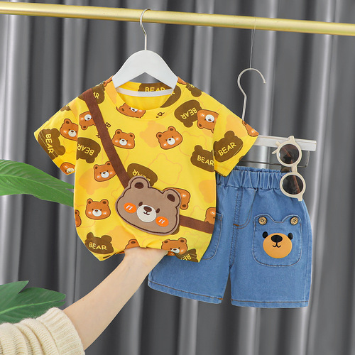 Children's clothing, boys' summer clothing, stylish full-print bear suit, baby's summer handsome and cute short-sleeved baby clothes