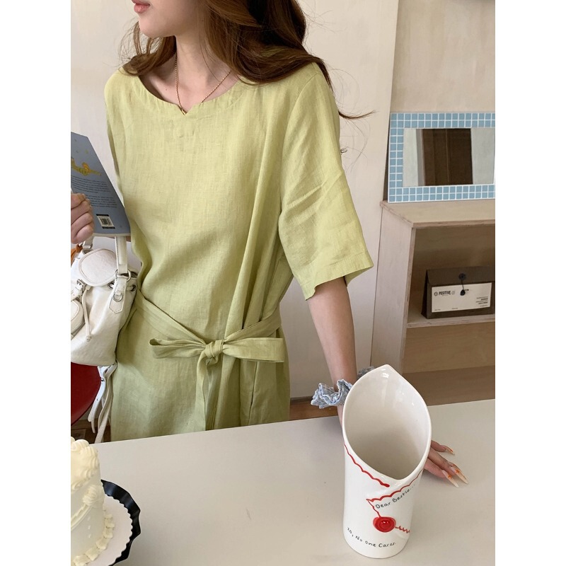 3Th Morning Original Rustic Style Full Linen Minimalist Tie-Waist Dress Zy4240