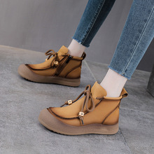 头层牛皮复古短靴女秋季新款单靴休闲高帮鞋平底系带真皮马丁短靴