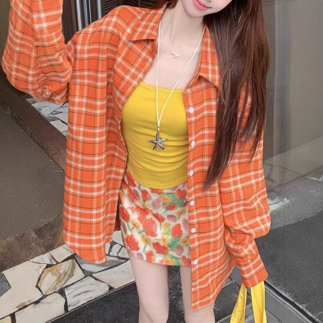 美式复古橙色格纹长袖衬衫女2025新款小众设计感宽松休闲防晒外套