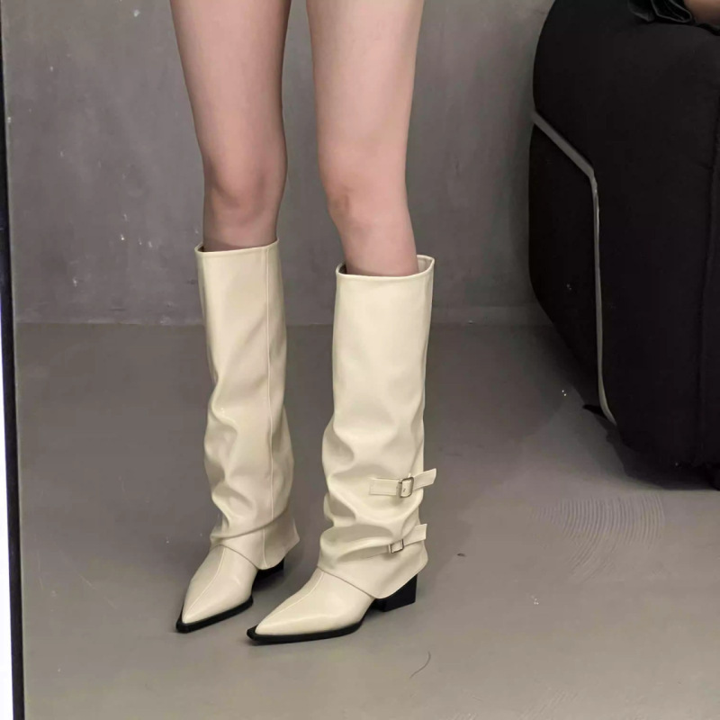 皮带扣~裤筒靴粗跟靴子长靴女欧美辣妹高筒靴尖头黑色裤管靴炸街|undefined