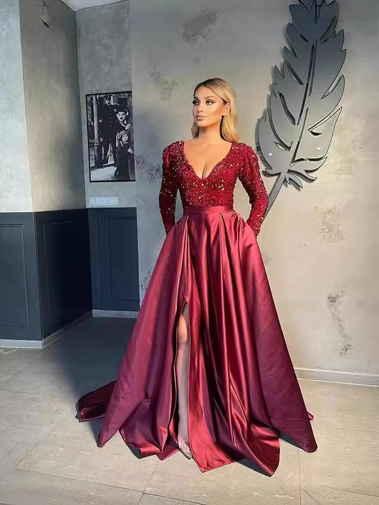 Europeu e americano transfronteiriço novo Amazon de um ombro manga comprida lantejoulas com decote em V grande fenda de lantejoulas saia longa vestido de noite