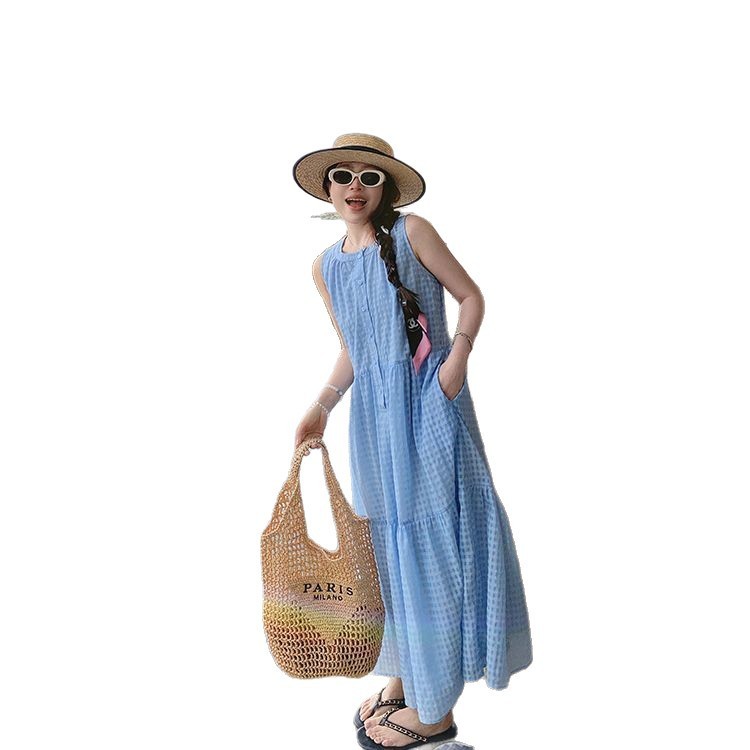 女性のためのハイエンドフレンチスイートノースリーブベストドレス夏の新しいルーズシーサイドリゾートスタイルAラインロングスカート|undefined