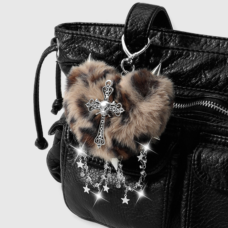 Sweet and Cool Trendy Retro Multi-Color Leopard Print Gradient Deer Pattern Rhinestone Studded Cross Heart Keychain Bag Pendant